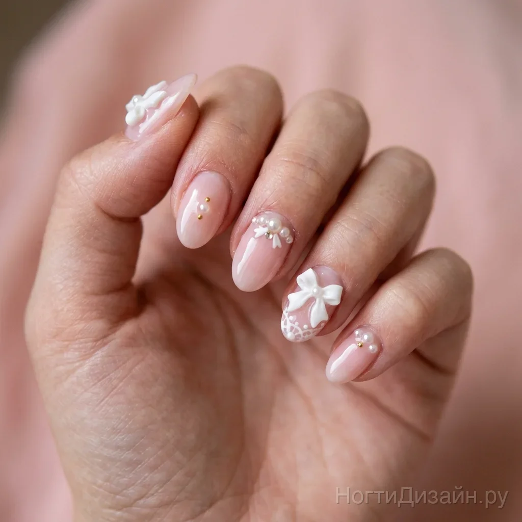 Coquette aesthetic nail art with 3D bows and pearls