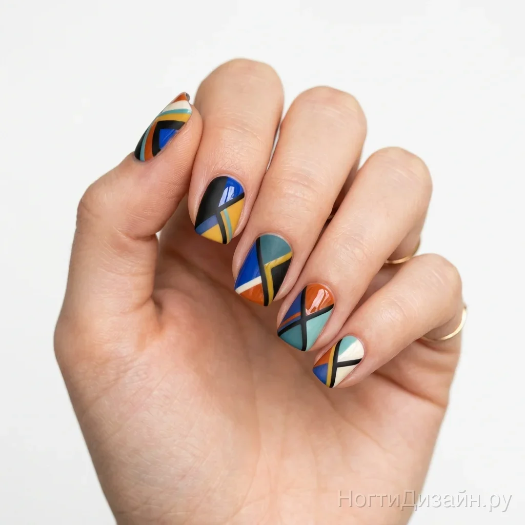 Abstract geometry colorful matte glossy lines nails