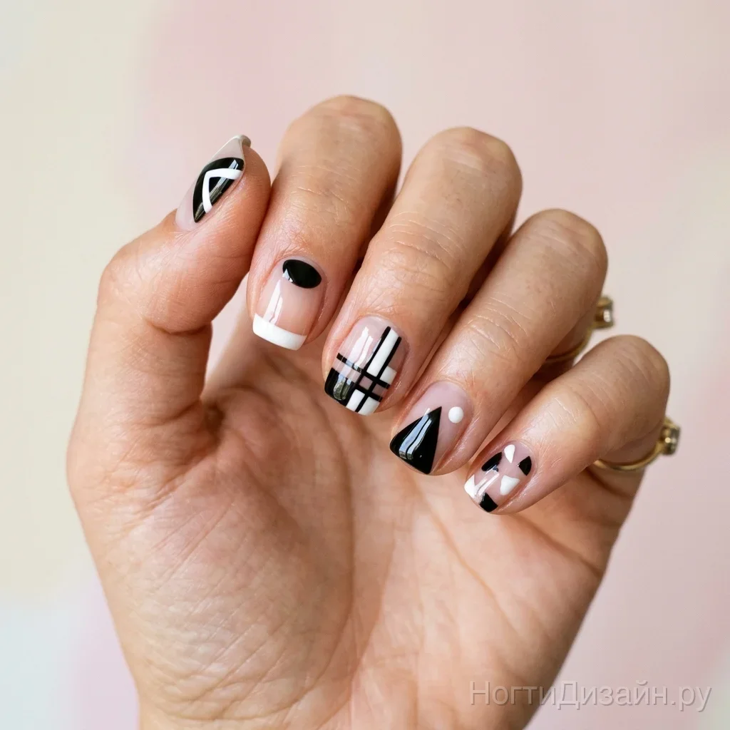 Abstract negative space manicure with bold black and white geometric shapes