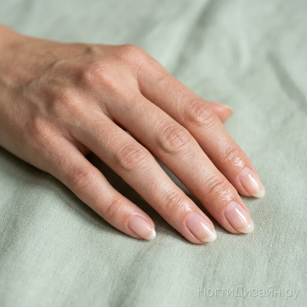 Bare, natural-looking nails with clear strengthening treatment