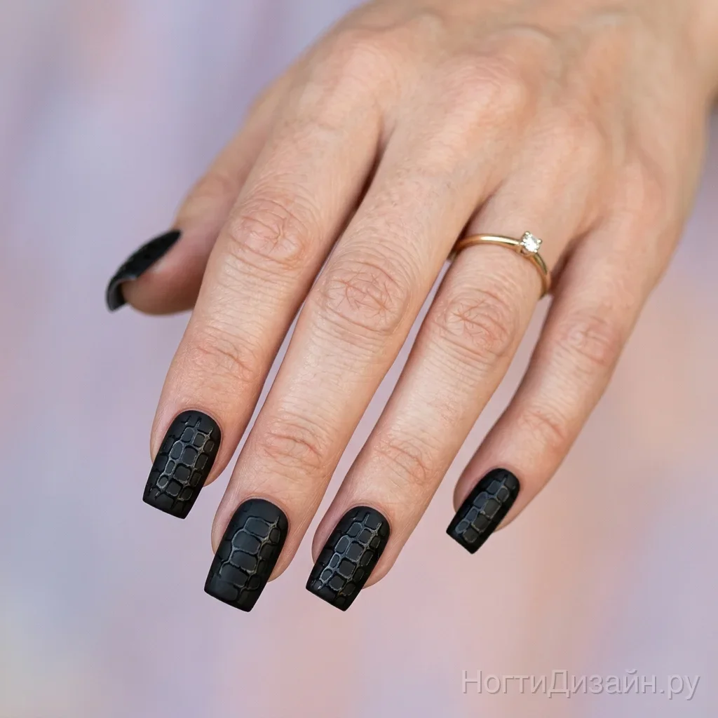 High-fashion matte black nails with glossy 3D crocodile skin texture