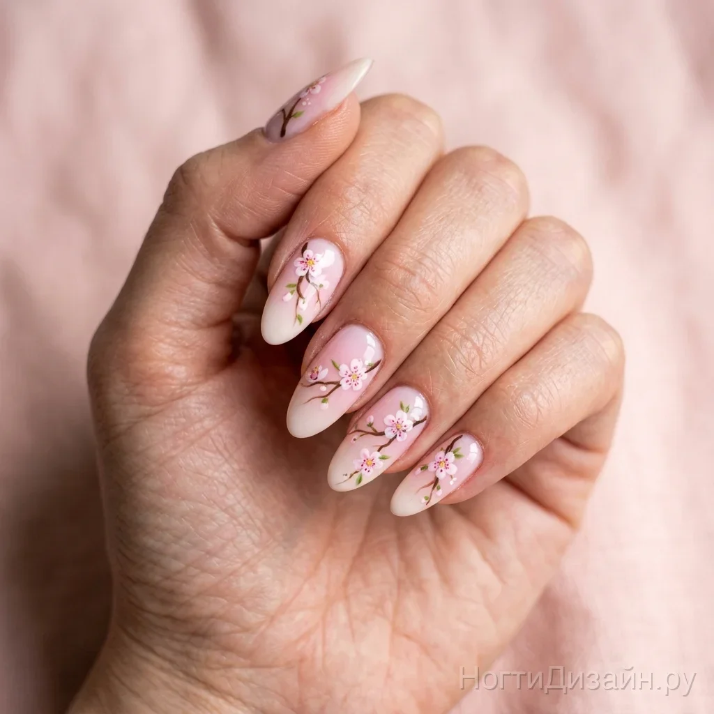Japanese cherry blossom sakura nail art on pink gradient background
