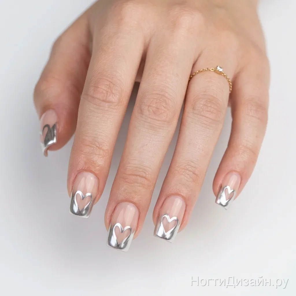 Chrome heart french tip nails