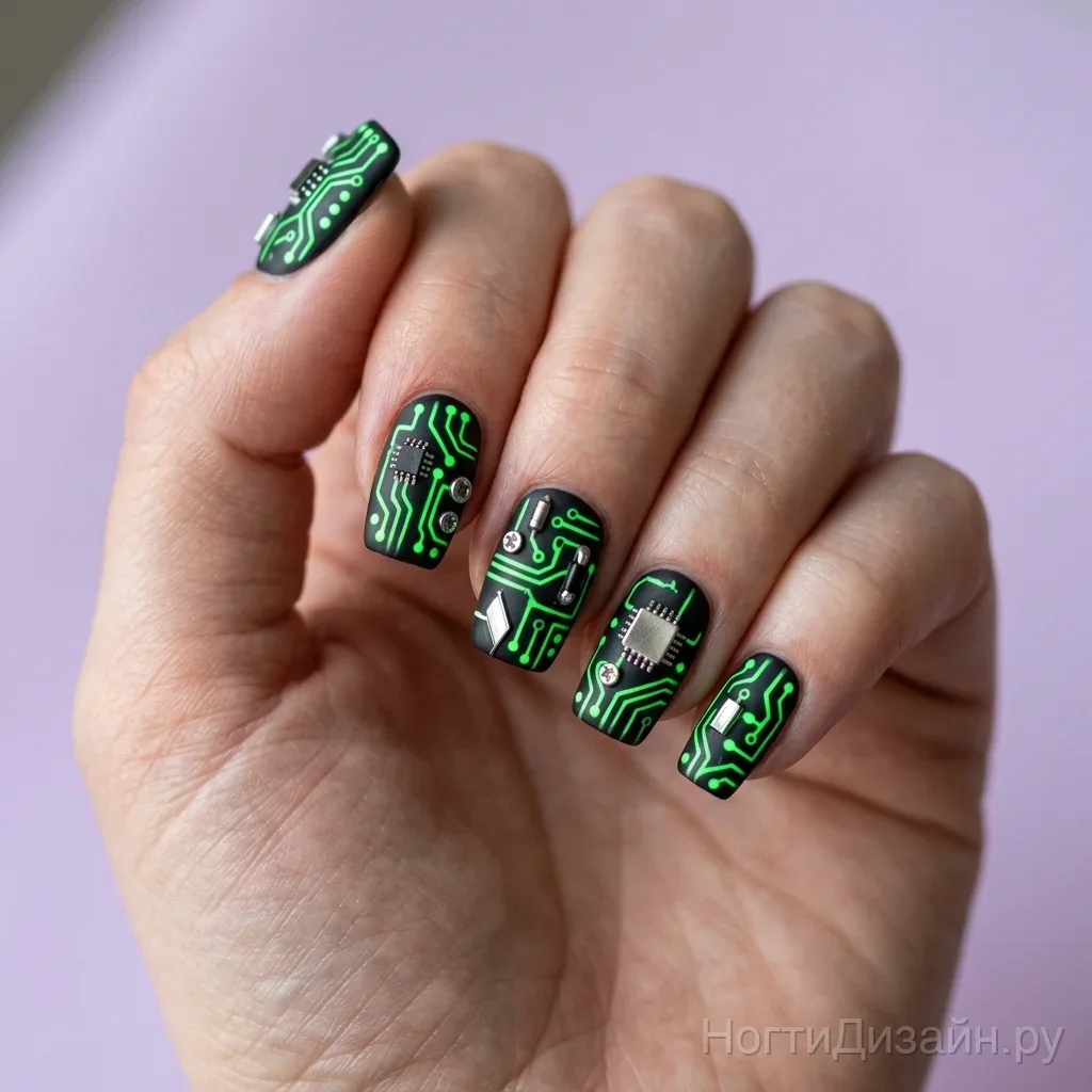 Cyberpunk high-tech circuit board neon green on black matte base