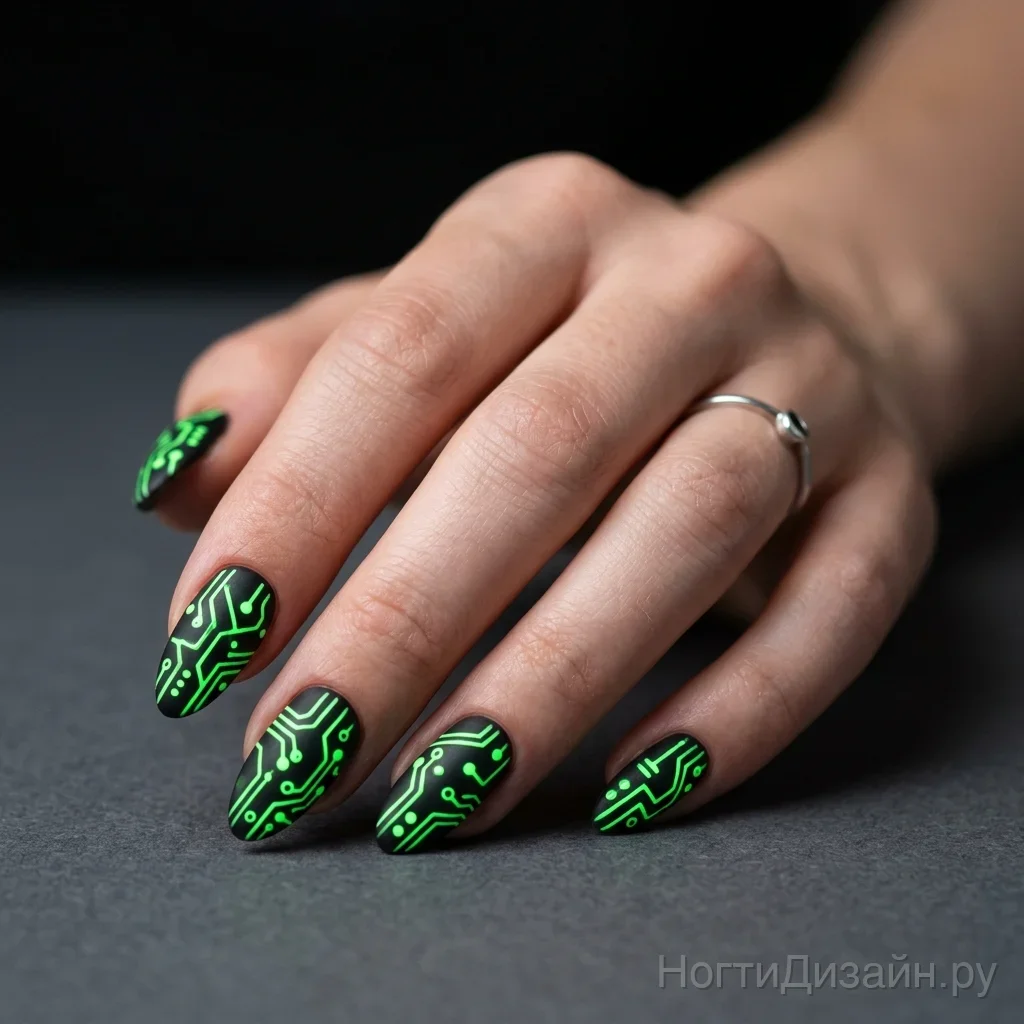 Matte black nails with glowing neon green cyberpunk circuit boards