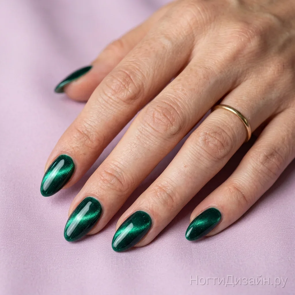 Deep emerald green magnetic velvet cat-eye nails