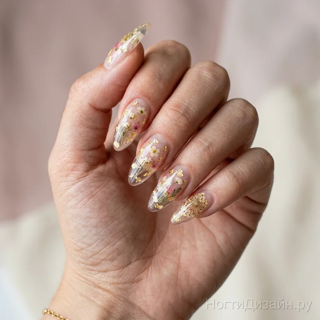 Clear acrylic nails with encapsulated dried flowers and gold flakes