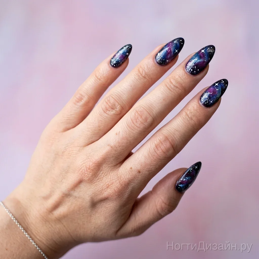 Deep space galaxy nail art dark blue nebula clouds and stars