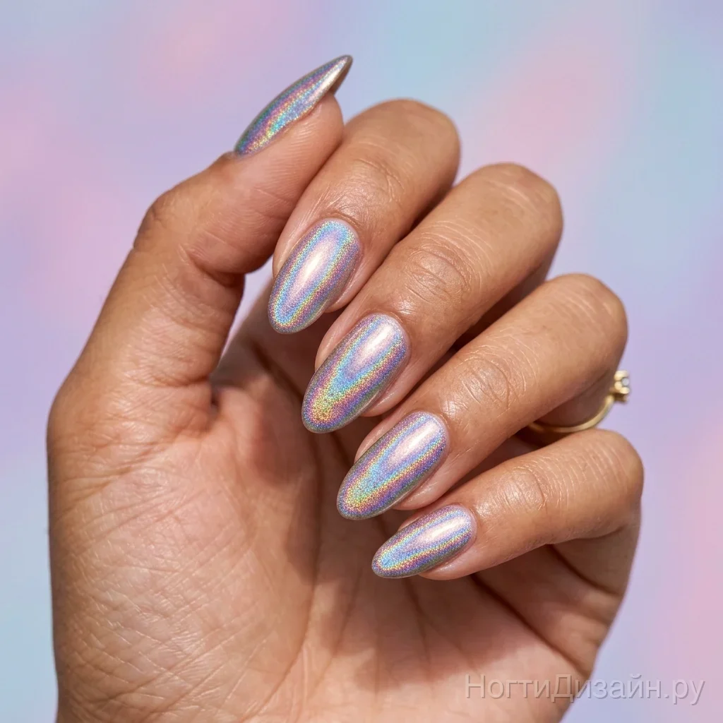 Dazzling holographic rainbow chrome nails with a prism effect