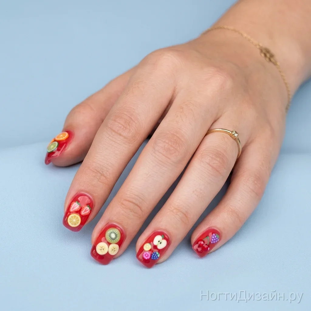 Red jelly nails with 3D fruit slices