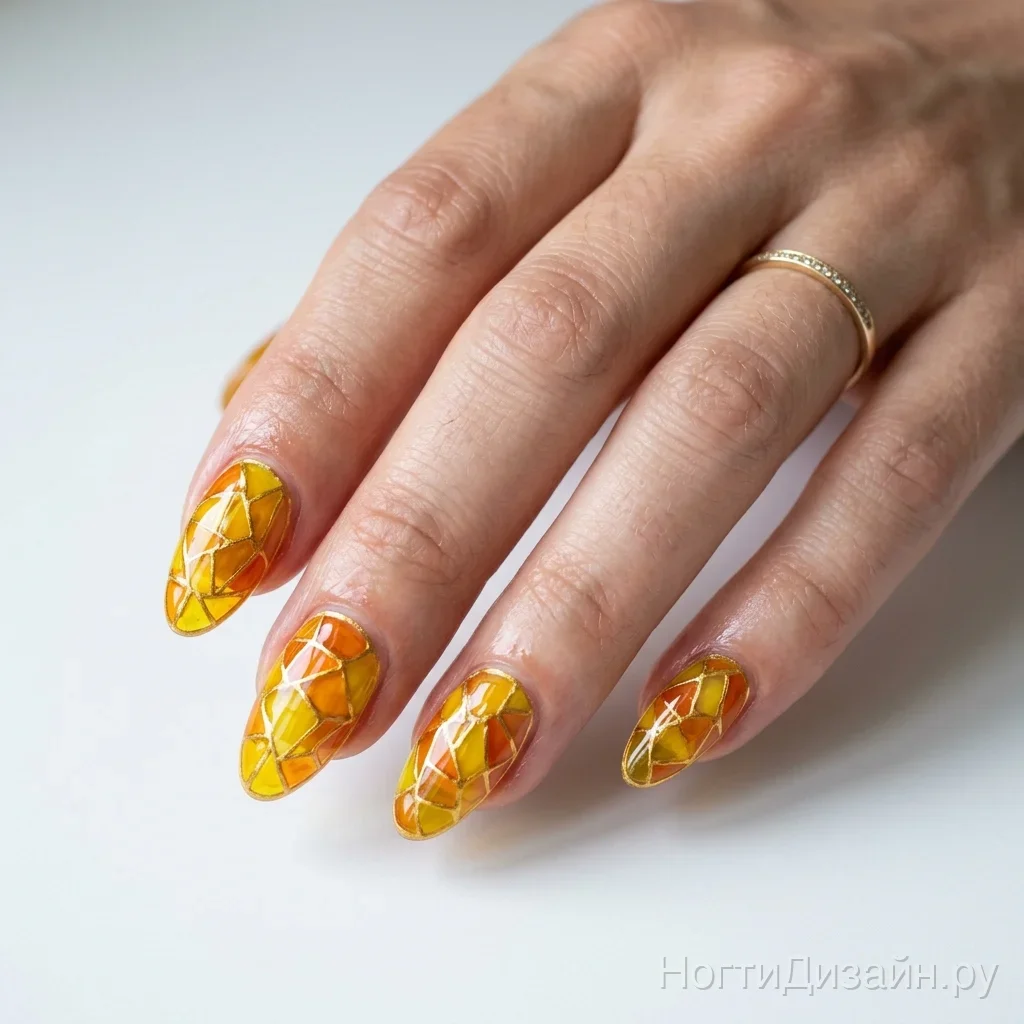Translucent yellow and orange summer jelly stained glass nails