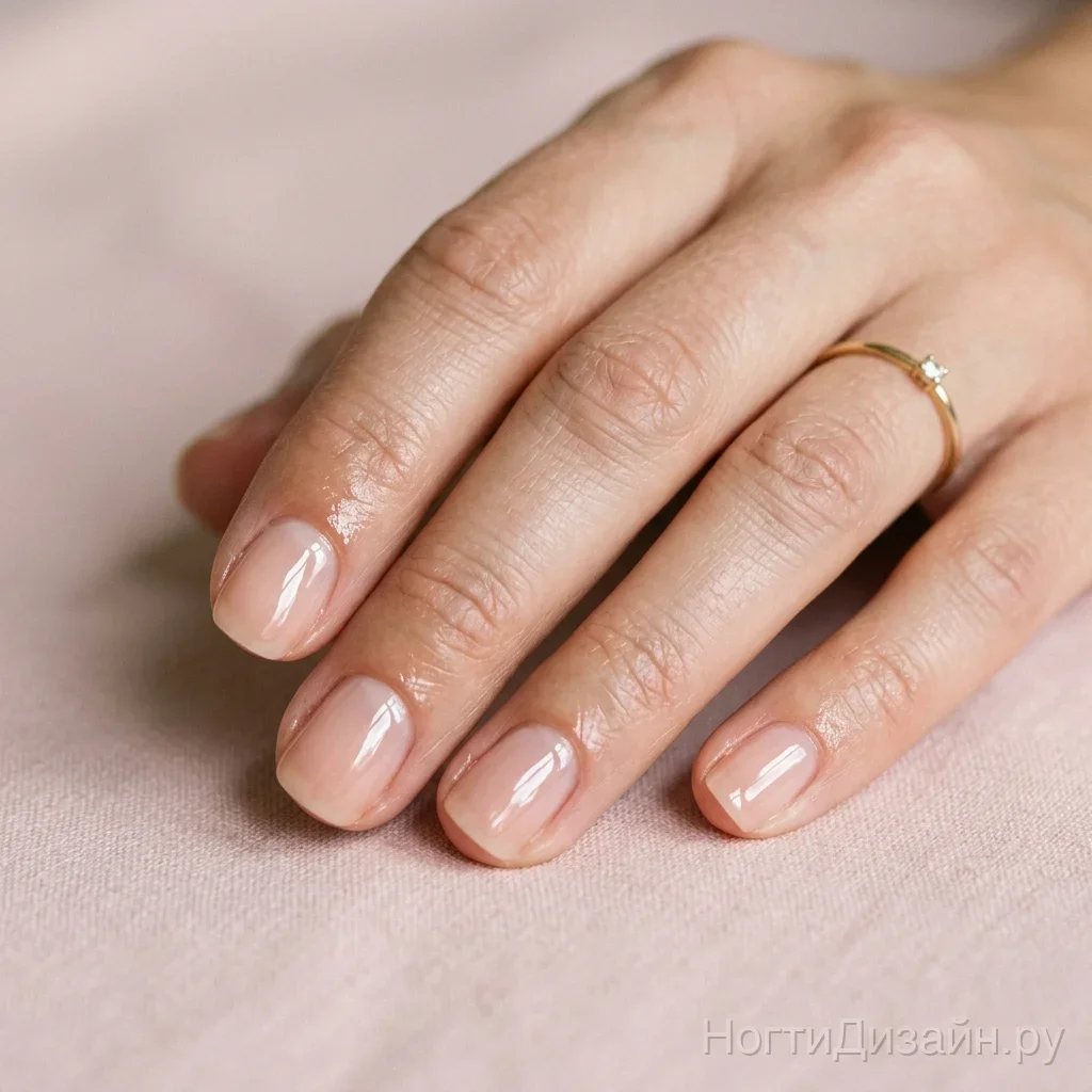 Sheer pink lip gloss manicure with glass-like top coat