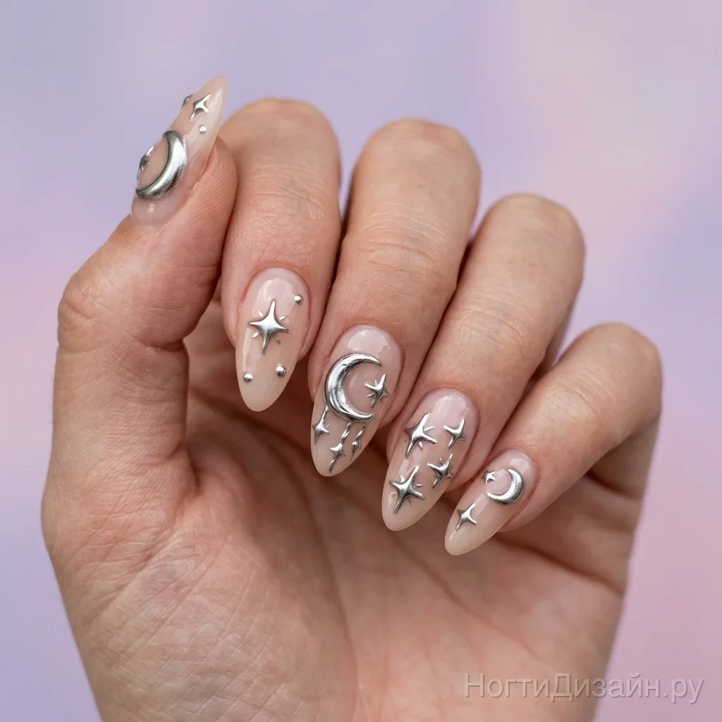 Magical nail art sheer nude base with 3D metallic silver chrome stars