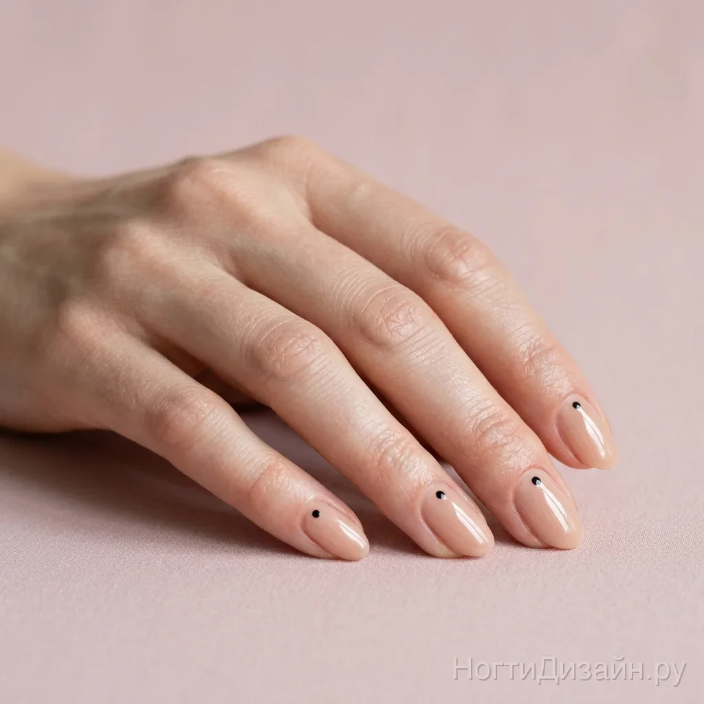Nude nails with a tiny single black dot at the base