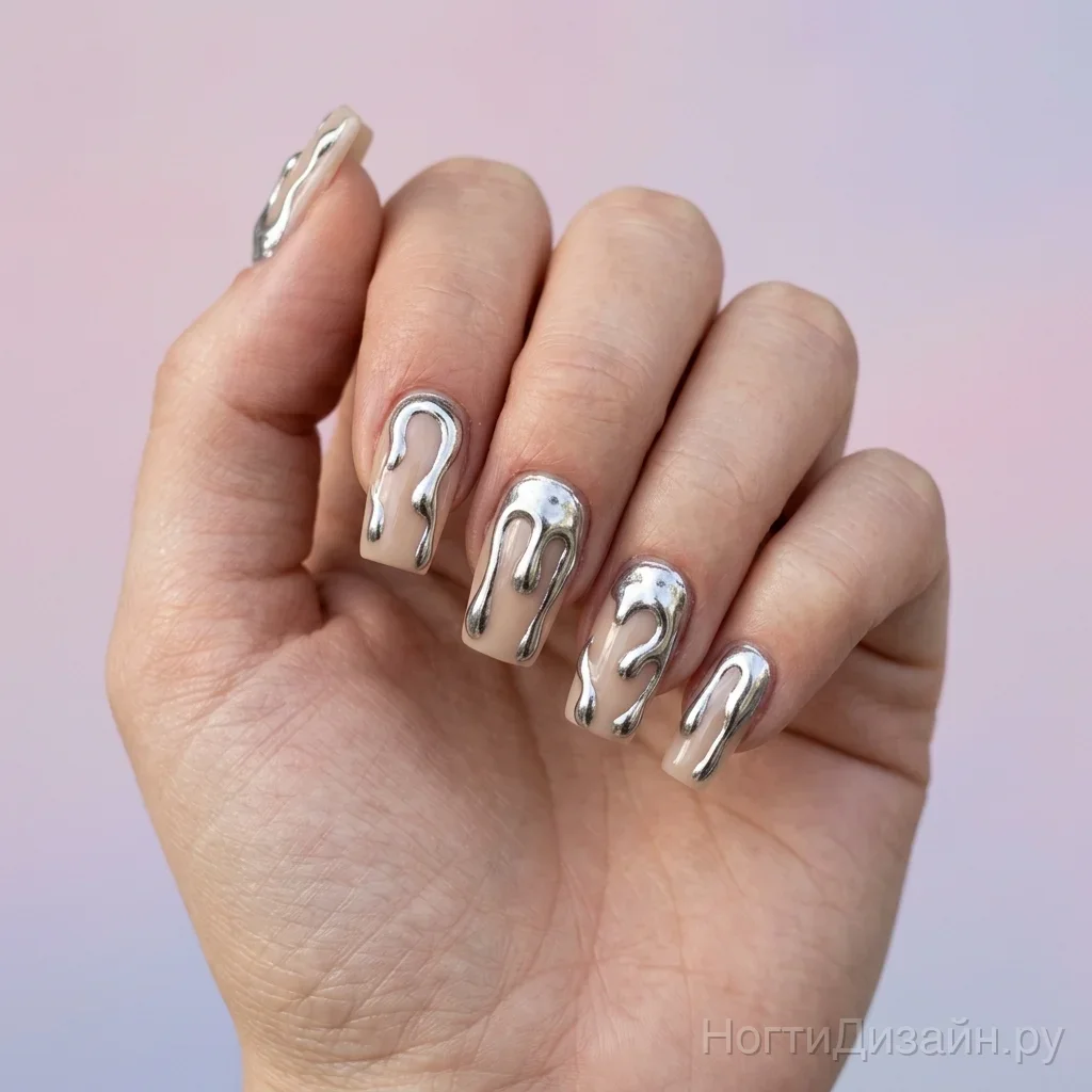 Avant-garde nails with raised dripping 3D molten liquid metal chrome