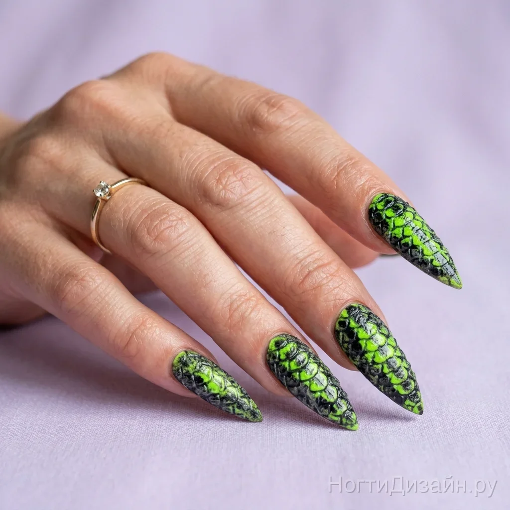 Bold 3D textured nail art mimicking realistic neon snakeskin scales