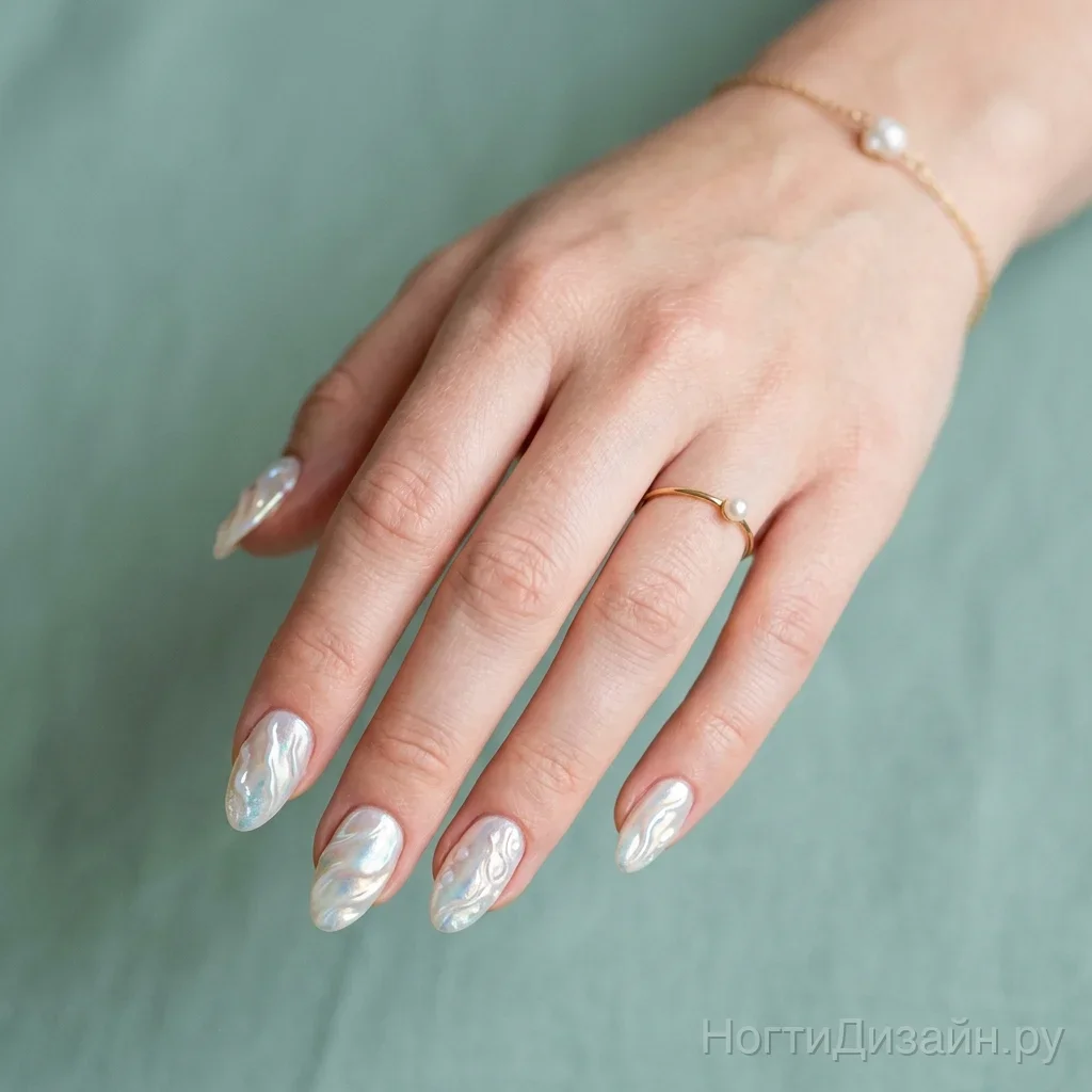 Iridescent pearl nail art mimicking the inside of an oyster shell