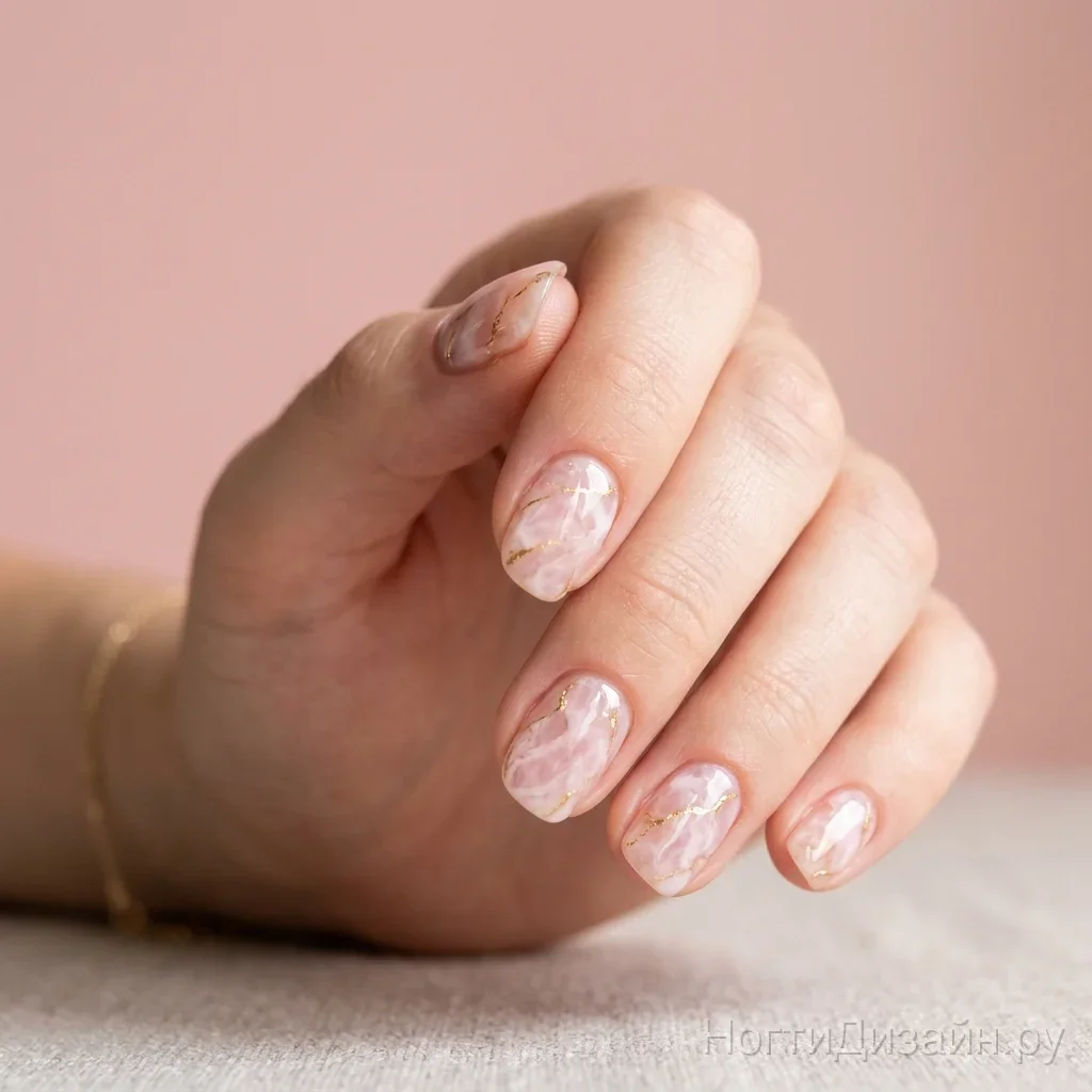Delicate rose quartz marble stone texture nails with gold veins