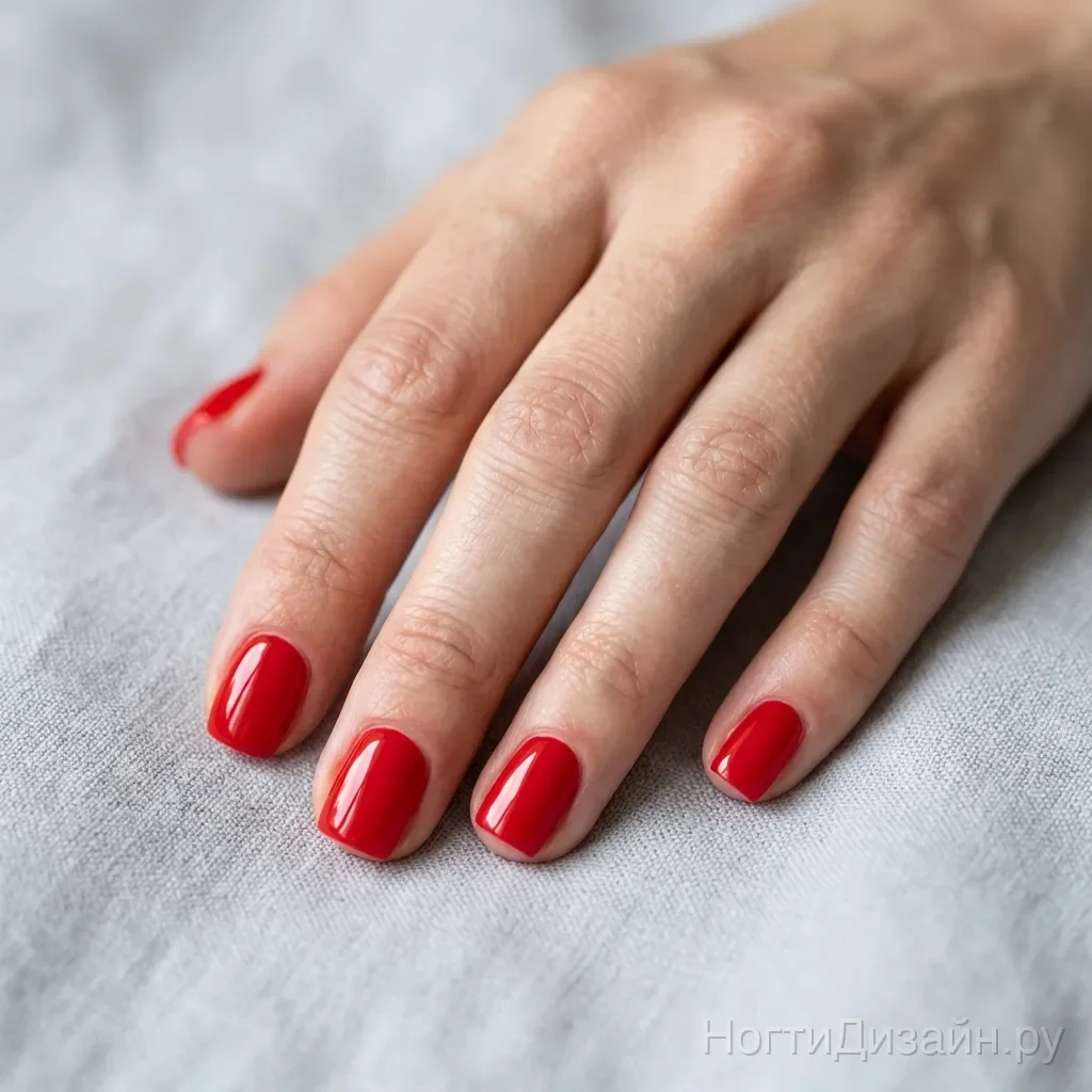 Классический красный на коротких ногтях