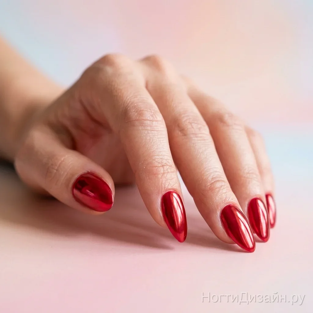 Bright bold ruby red nails with dazzling mirror chrome finish
