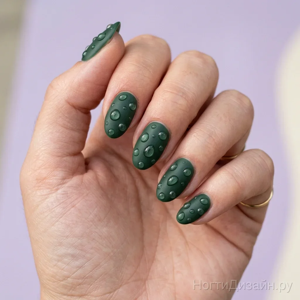 Tactile 3D nail art with sculpted clear raindrop bubbles on matte green