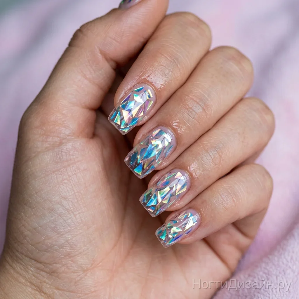 Shattered glass nail art with reflective holographic cellophane shards
