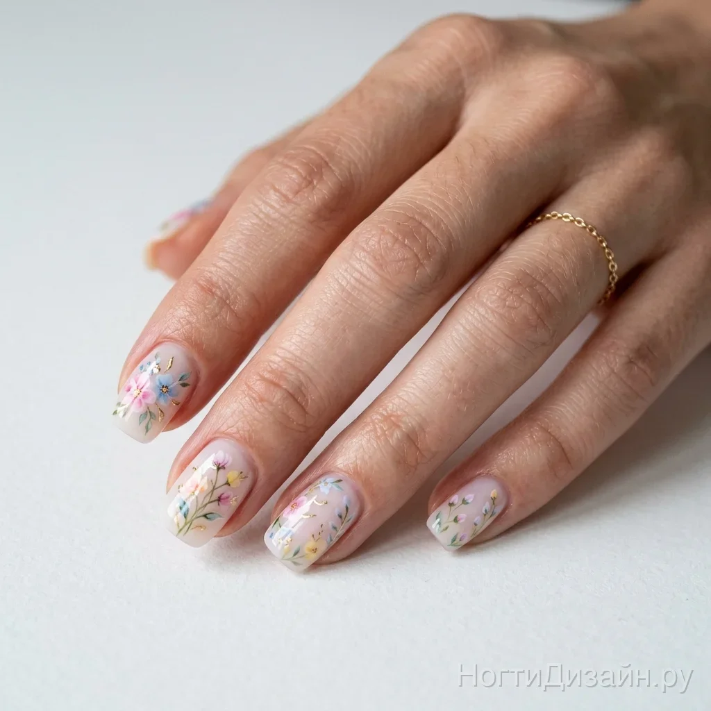 Soft square nails with spring watercolor floral design
