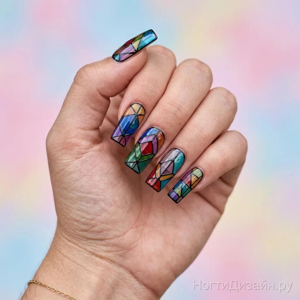 Intricate stained glass nail art with colorful geometric pieces