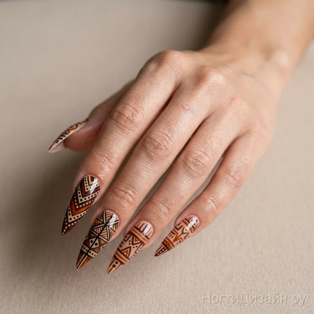 Stiletto nails with brown and orange ethnic tribal patterns