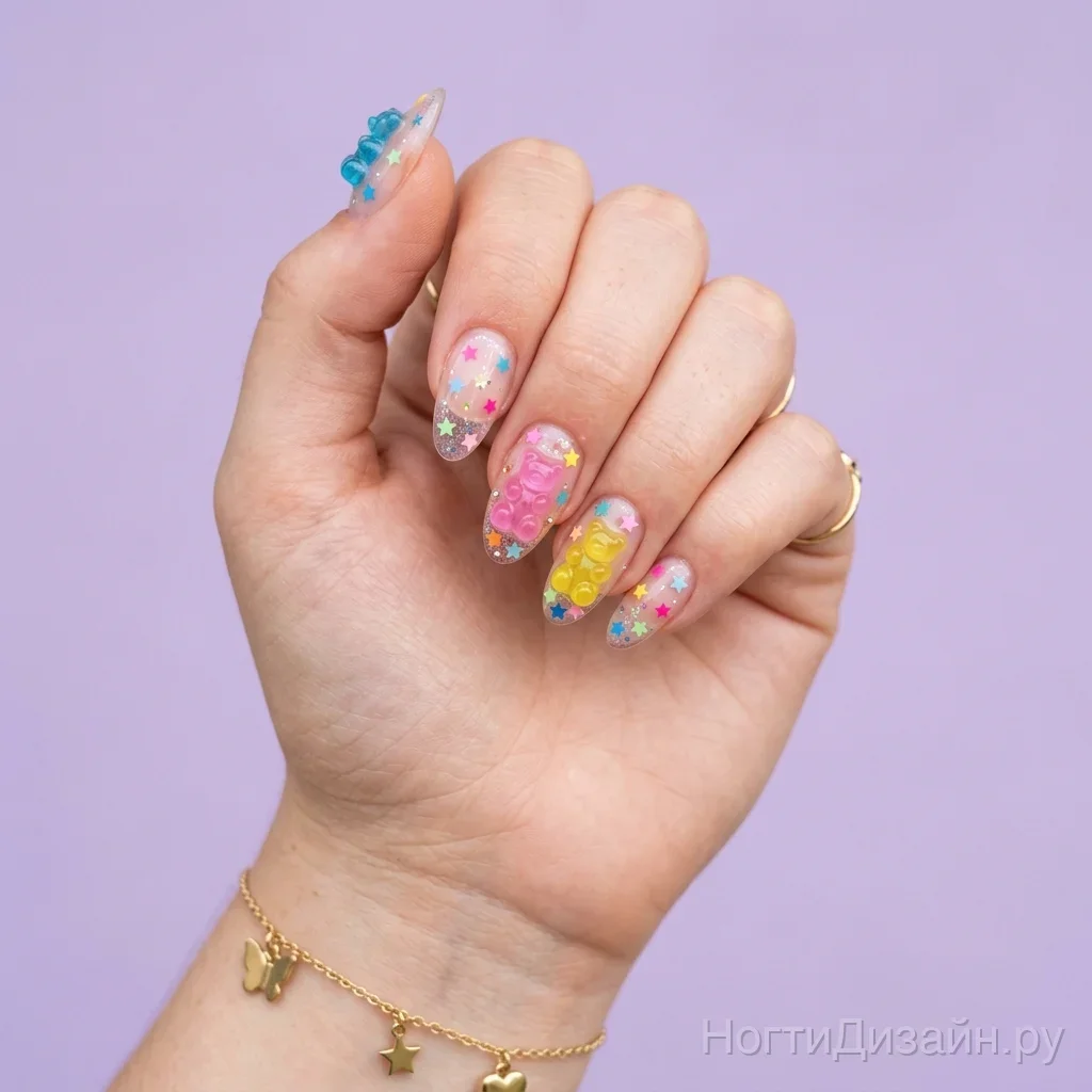 Playful Y2K aesthetic nail art with colorful 3D sculpted gummy bears